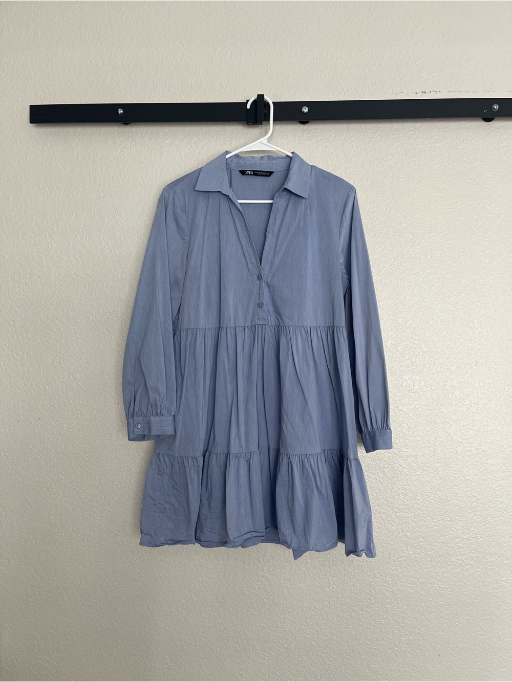 Zara Light Blue Tiered Long-Sleeve Shirt Dress